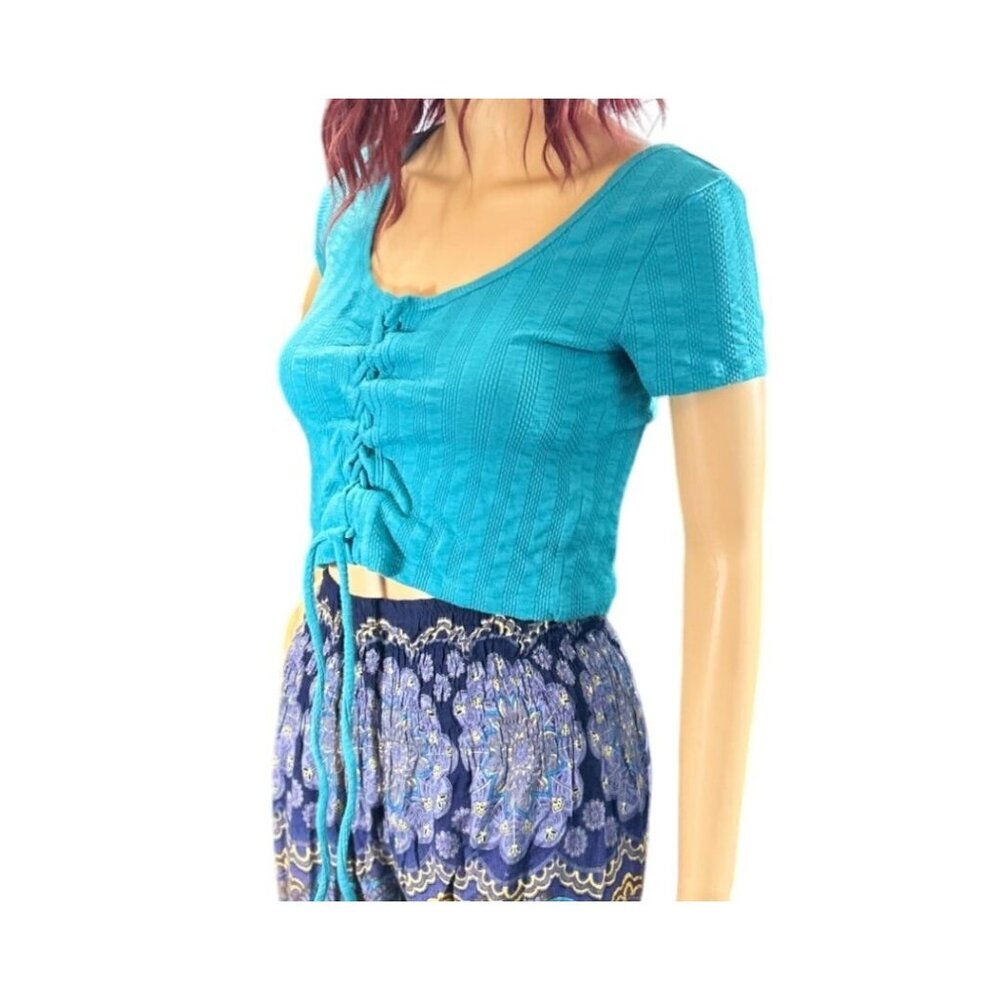 (6 for $25) SO‎ Aqua Blue Short Sleeve Lace Up Front Textured Tee - Size Small
